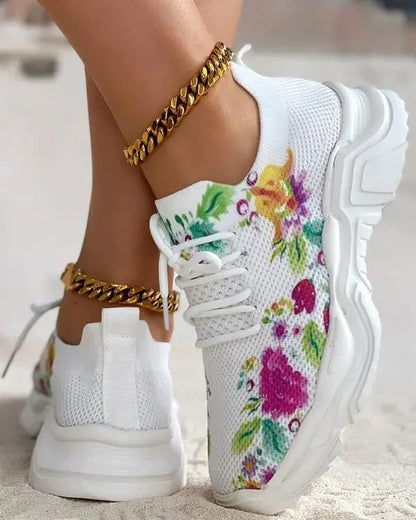 Women Floral Print Lace-up Breathable Orthopedic Sneakers