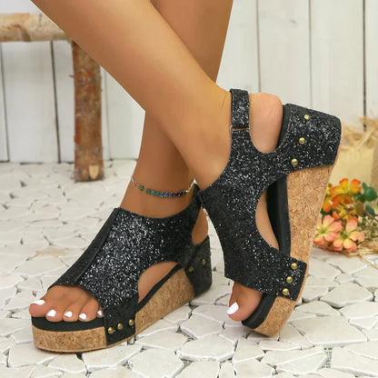 Women's Leather Platform Wedge Orthopedic Sandals