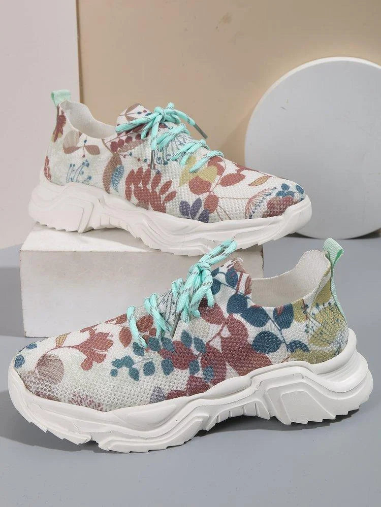 Women Floral Print Lace-up Breathable Orthopedic Sneakers