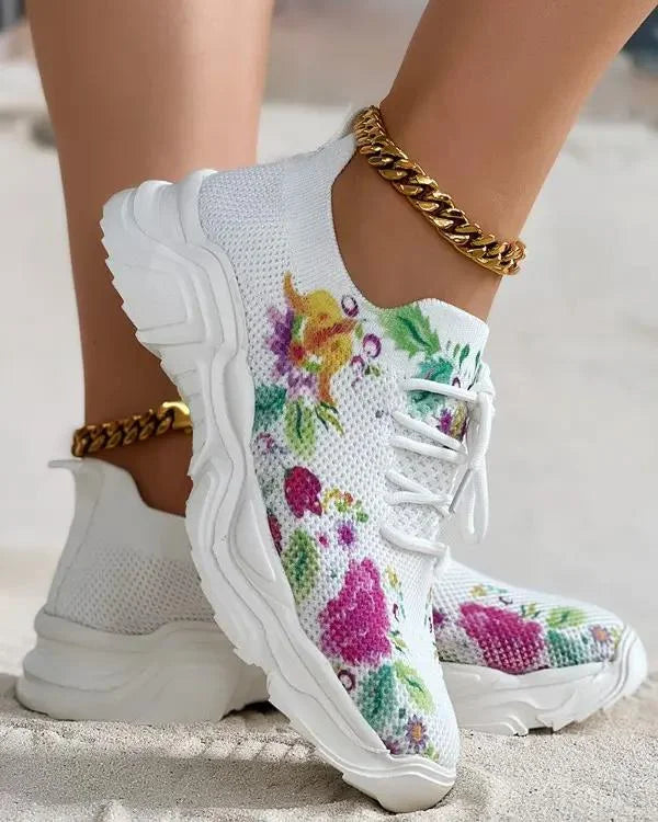 Women Floral Print Lace-up Breathable Orthopedic Sneakers